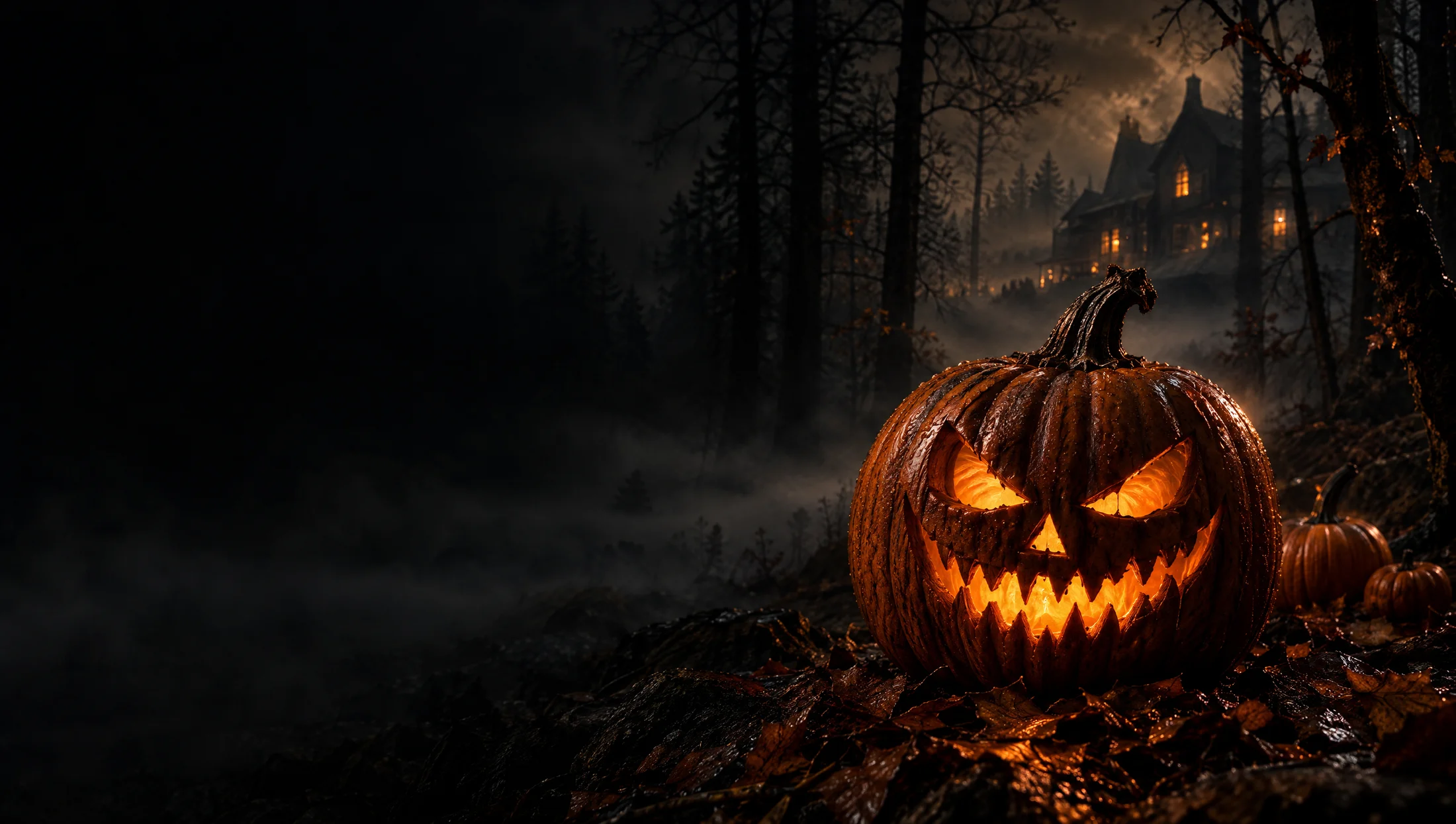 Leuchtender Halloween-Kürbis vor einem nebligen, unheimlichen Wald